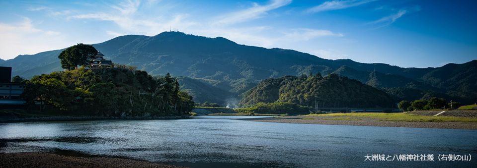 大洲城と八幡神社社叢（右側の山）